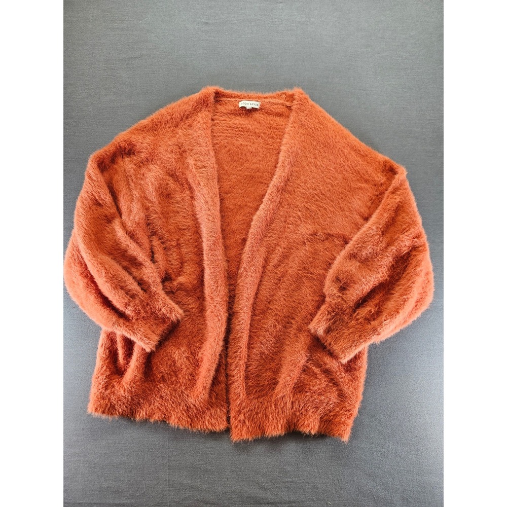 Moon River Burnt Orange Fuzzy Eyelash Knit Balloon Sleeve Cardigan Sweater Large